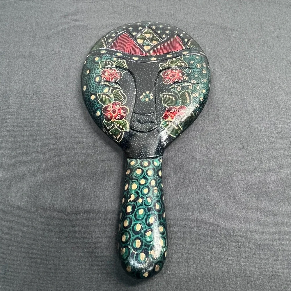 Hand Painted Wood Hand Mirror Teal Floral Folk Art Bohemian Vanity Accessory